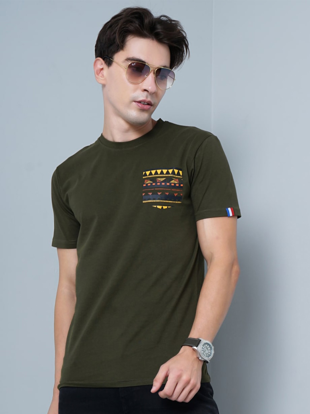 

PAUL STREET Round Neck Bio Finish Pockets Pure Cotton T-shirt, Green