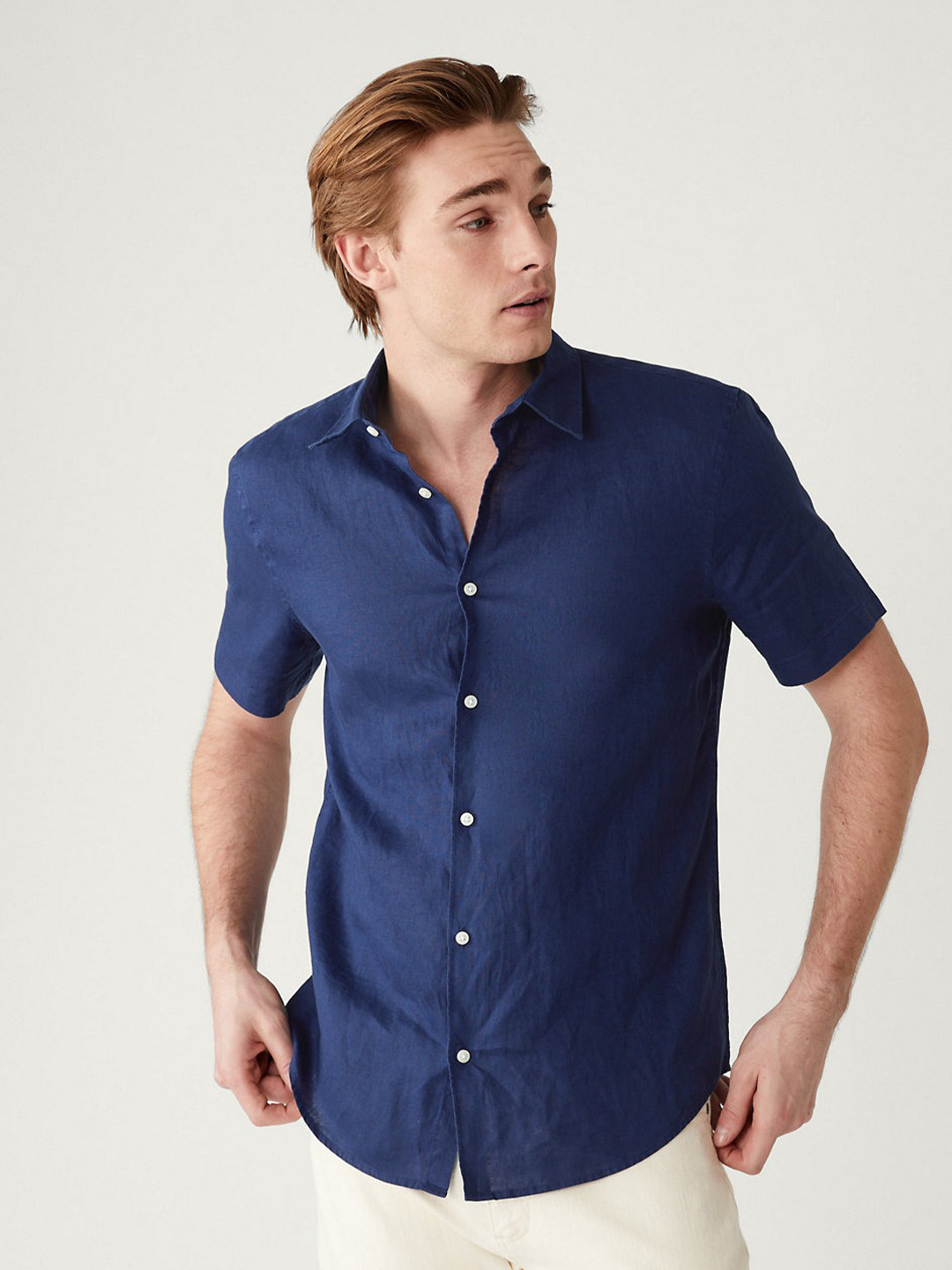 

Marks & Spencer Spread Collar Opaque Pure Linen Casual Shirt, Navy blue