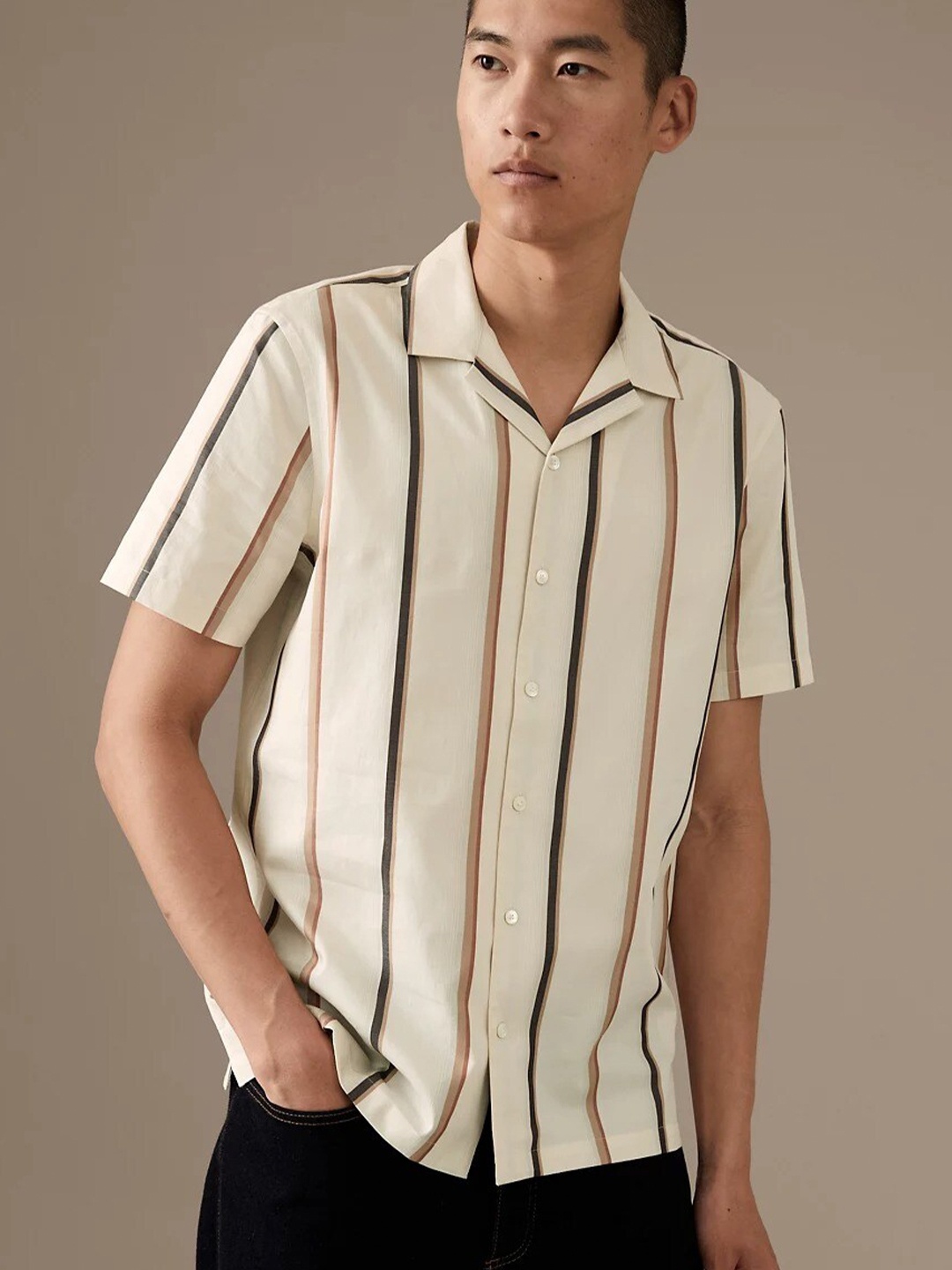

Marks & Spencer Striped Spread Collar Pure Cotton Casual Shirt, Beige
