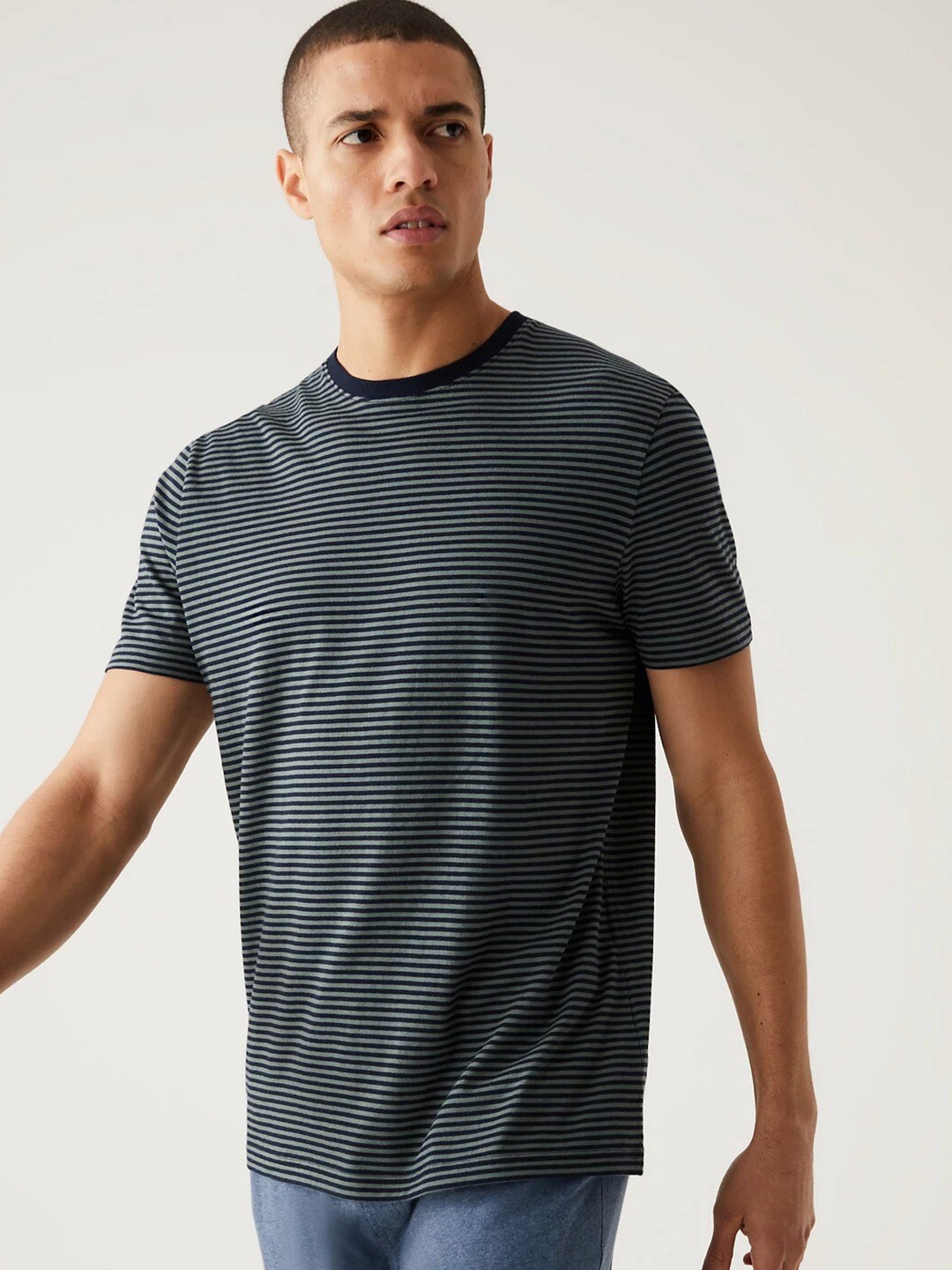 

Marks & Spencer Round Neck Striped Regular Fit T-shirt, Navy blue