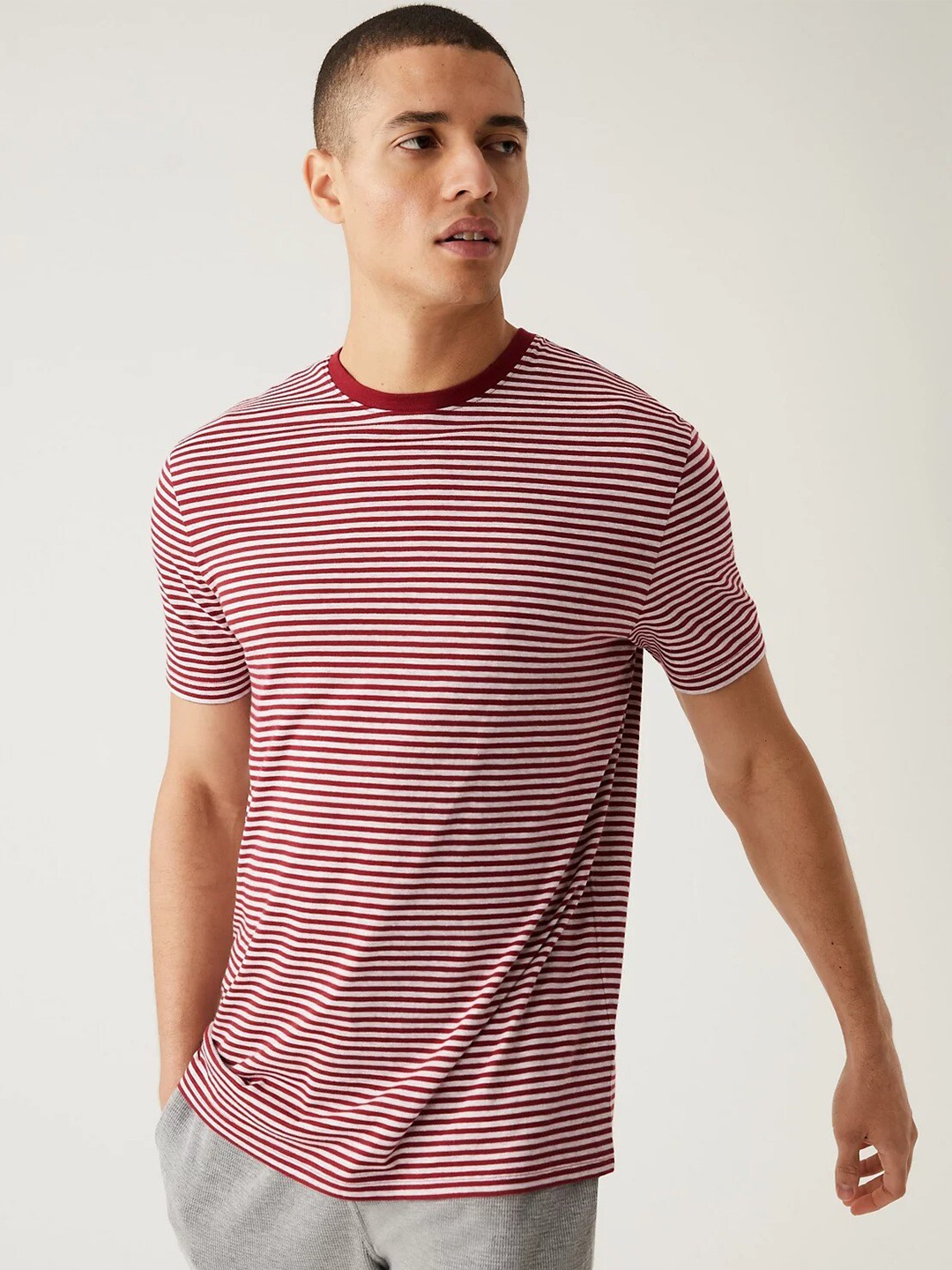 

Marks & Spencer Striped Round Neck Cotton Regular T-shirt, Maroon