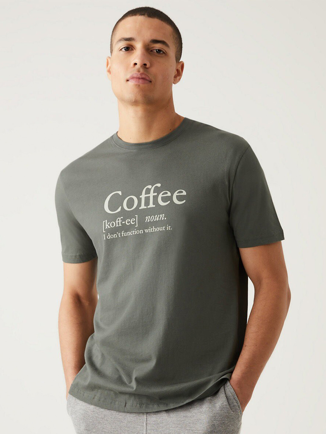 

Marks & Spencer Typography Printed Round Neck Cotton Regular T-shirt, Green