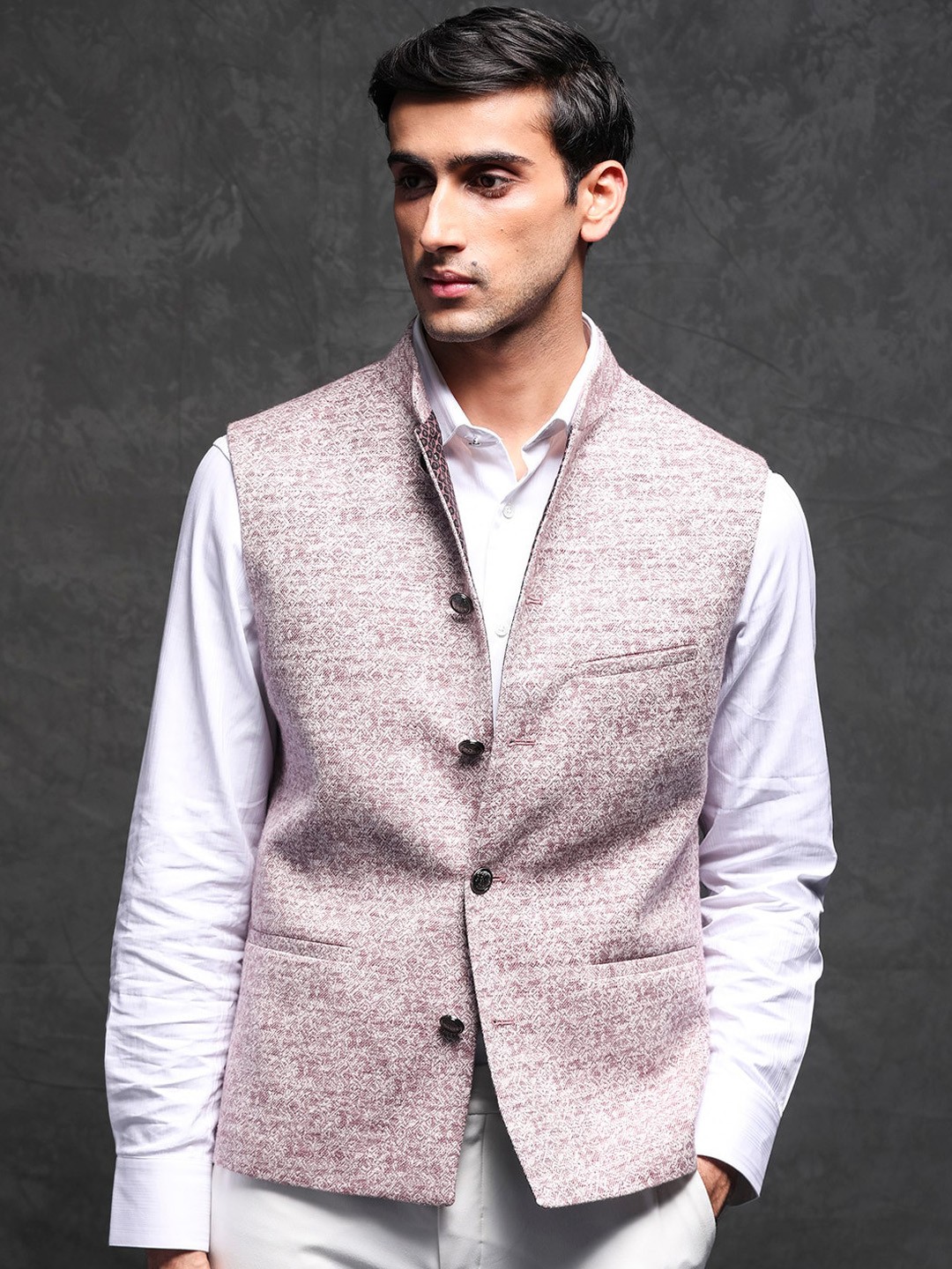 

RARE RABBIT Men Delia Slim Fit Ethnic Motifs Woven Design Nehru Jacket, Pink