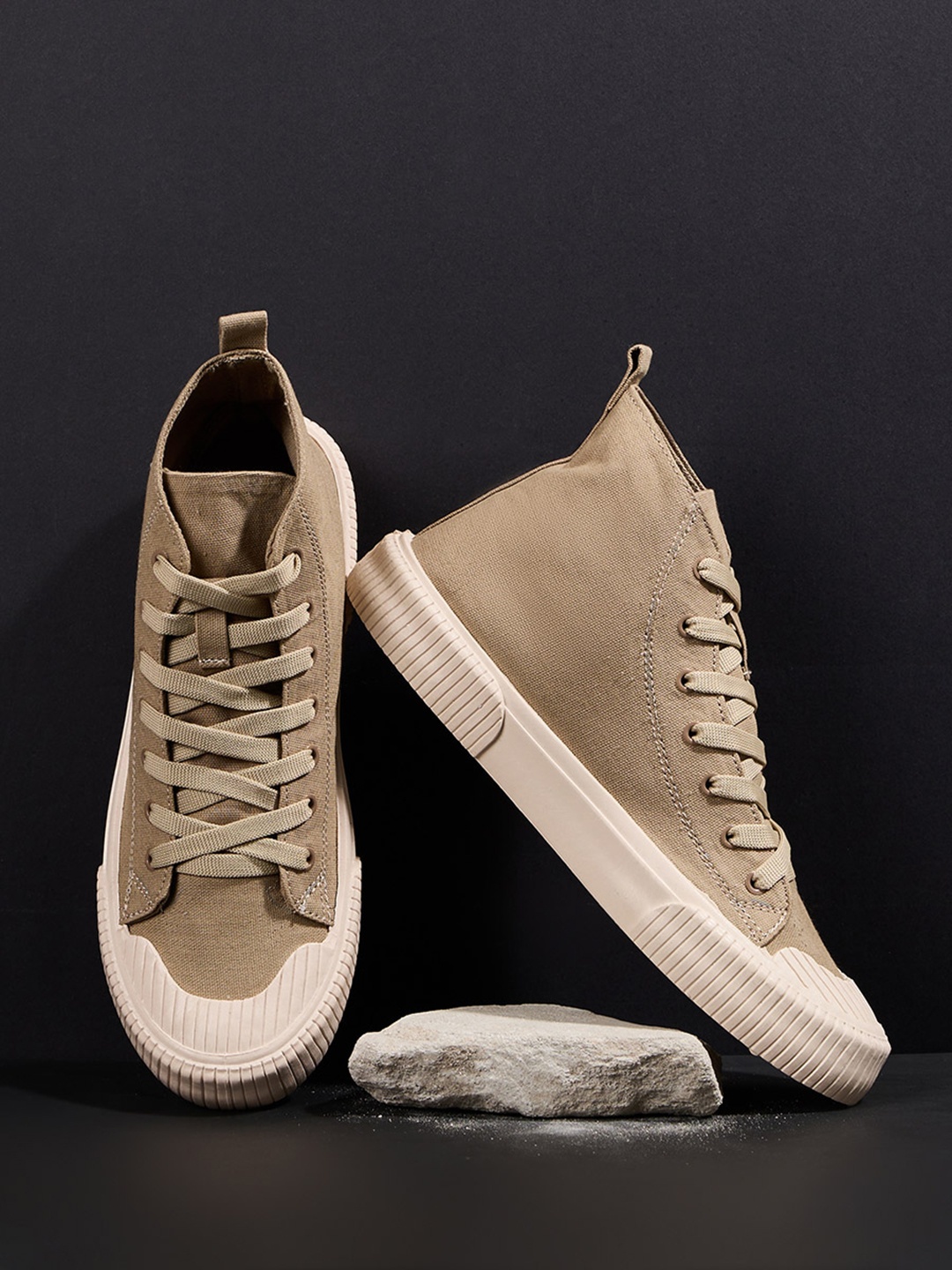 

Styli Beige Hi-Top Canvas Lace Up Sneakers