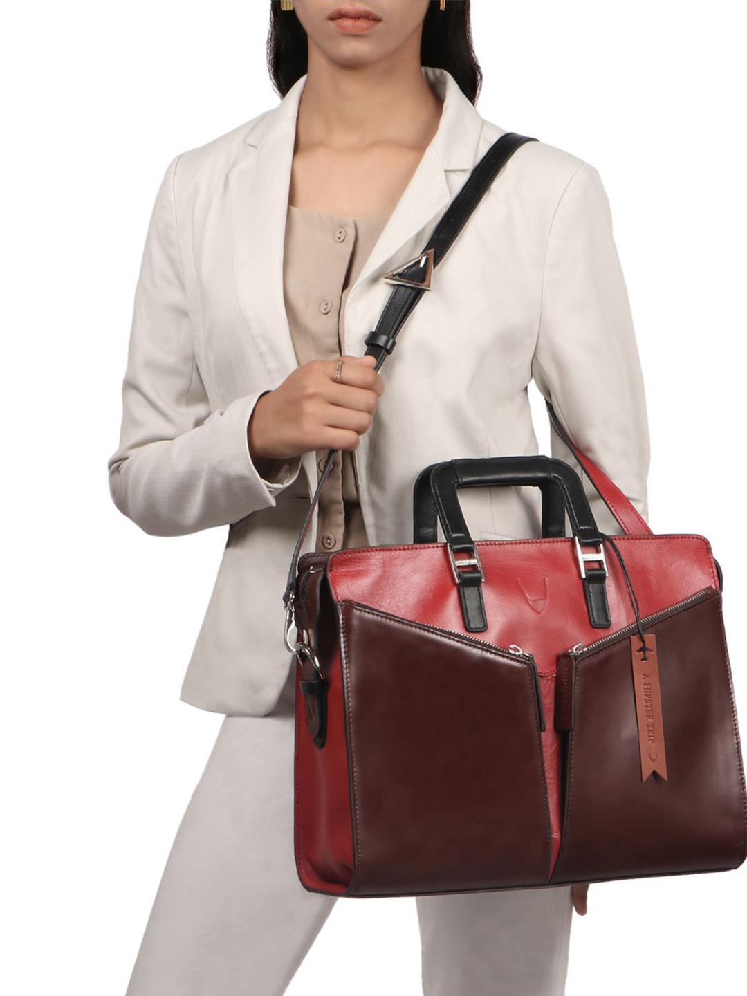 

Hidesign Colourblocked Leather Structured Handheld Bag, Brown