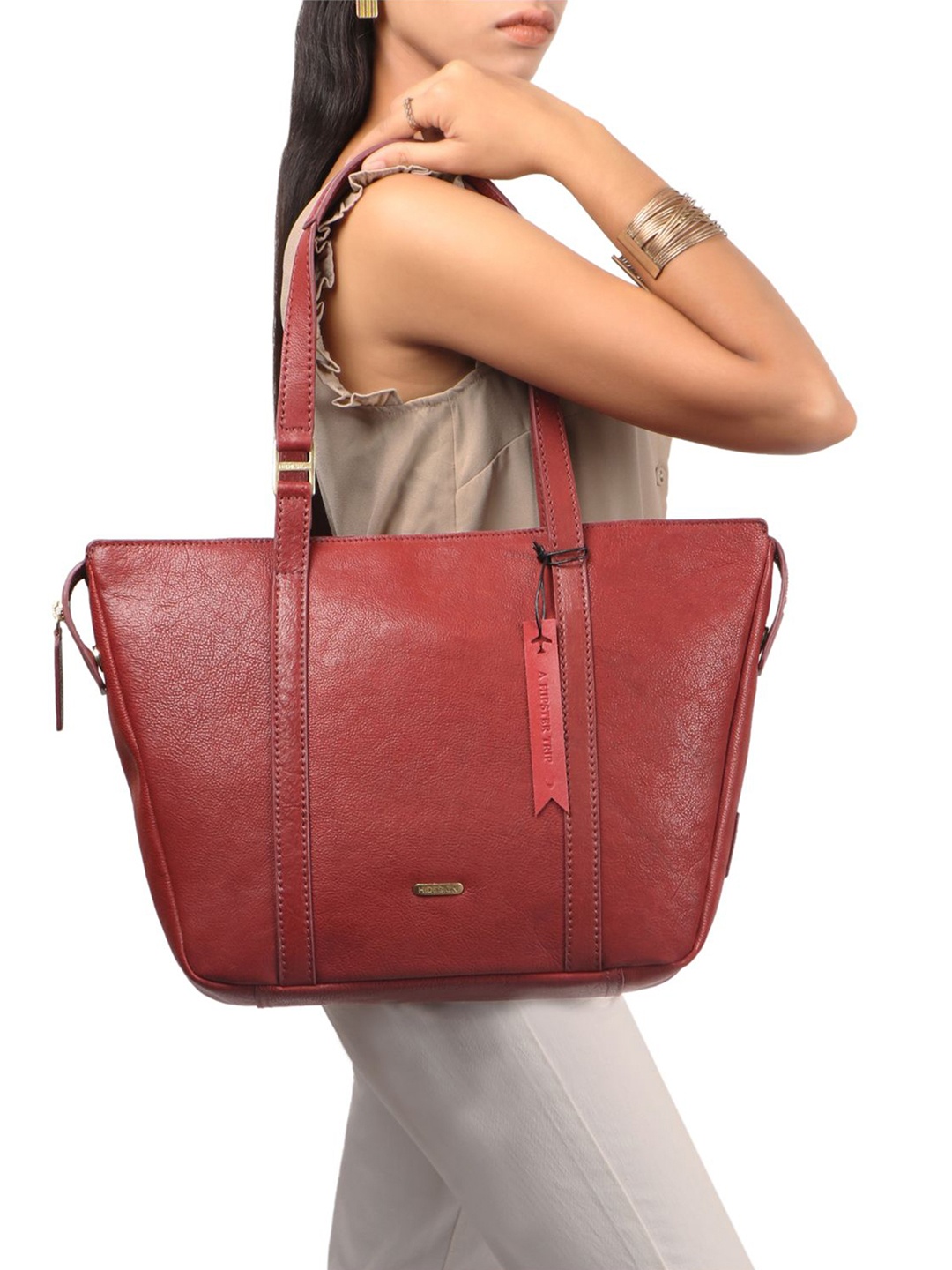 

Hidesign Textured Oversized Leather Structured Shoulder Bag, Red