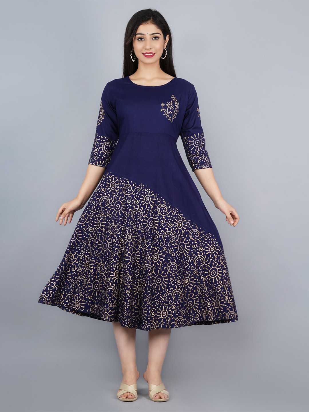 

VASANT APPAREL Ethnic Printed Round Neck Fit & Flare Ethnic Dress, Blue