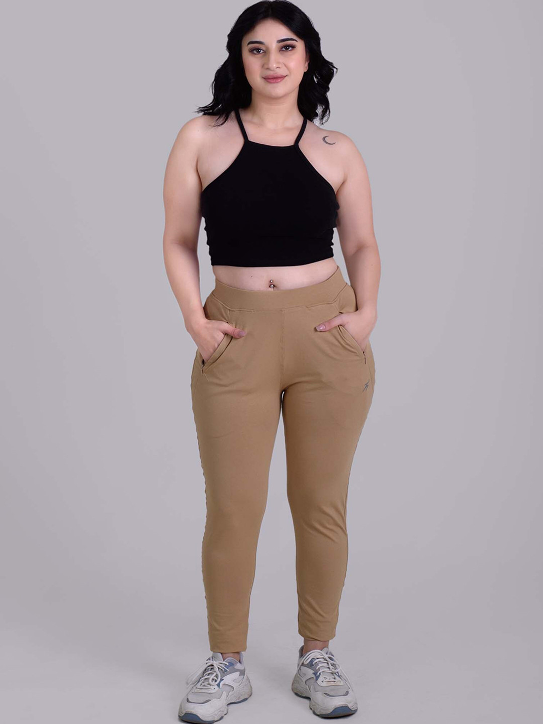

Keepfit Slim Fit Mid- Raise Anti-Pilling Ankle Length Zipper Pocket Tights, Beige