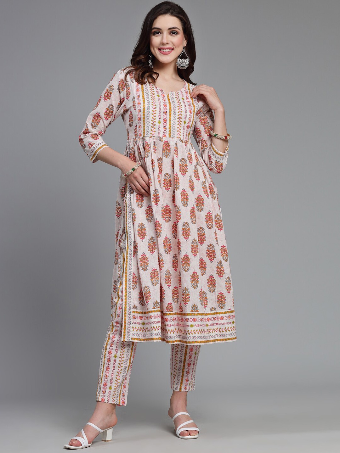 

KALINI Floral Printed Regular Pure Cotton Kurta With Palazzos, Cream