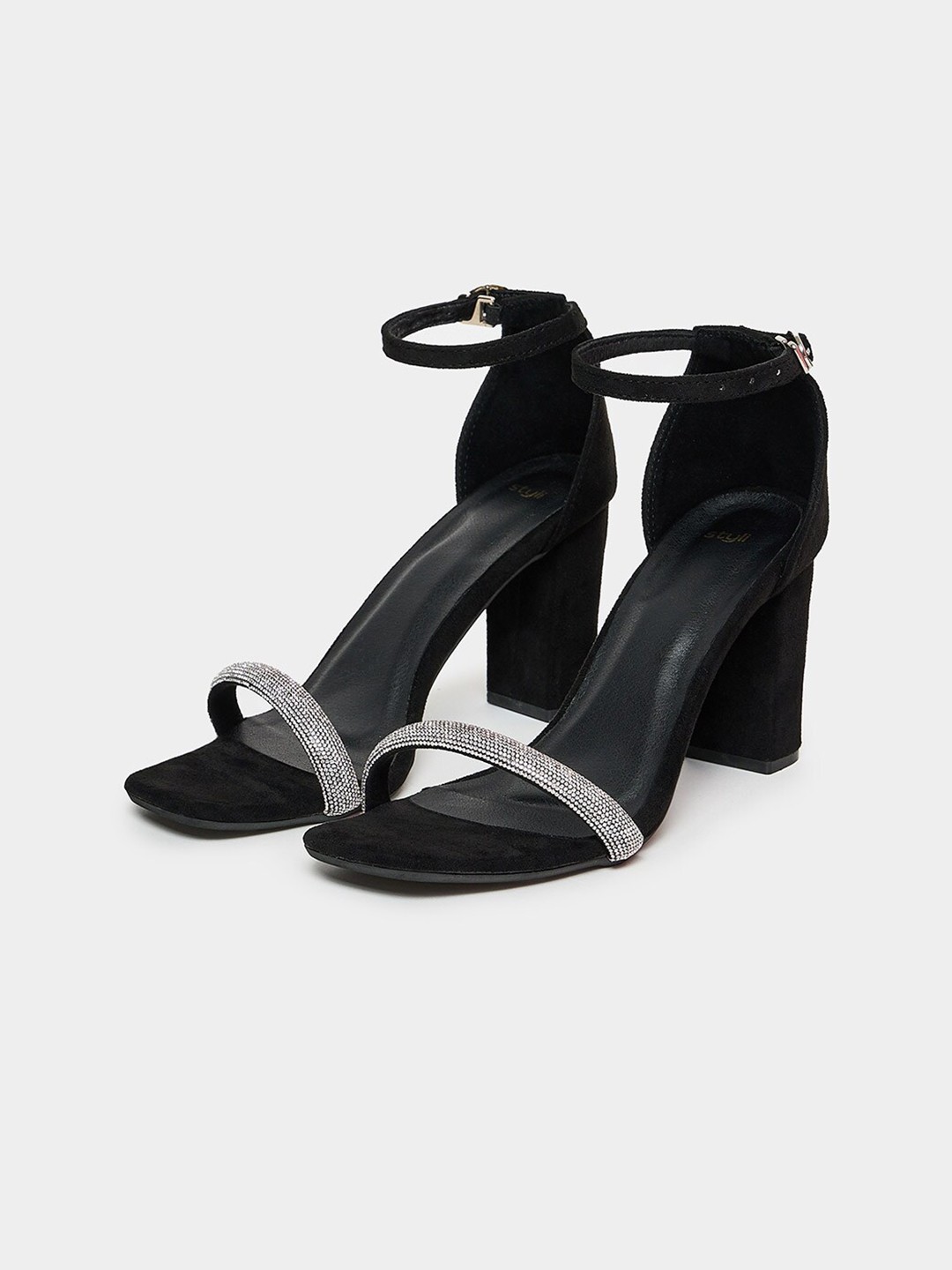 

Styli Embellished Shimmer Strap High-Top Block Heels, Black