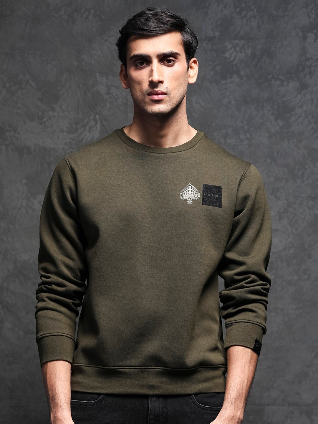 

RARE RABBIT Men Juanet Graphic Print Logo Round Neck Sweatshirt, Olive