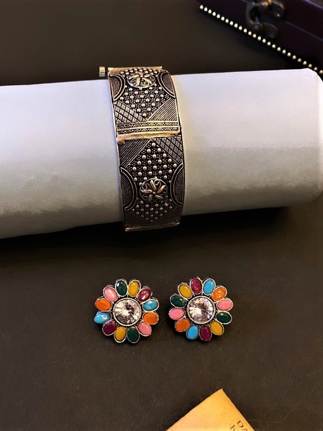 

ATIBELLE Set Of 2 Silver-Plated Stone Studded Jewellery Set
