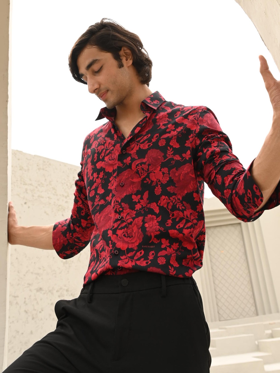 

RARE RABBIT Men Reet Slim Fit Floral Printed Cotton Shirt, Red