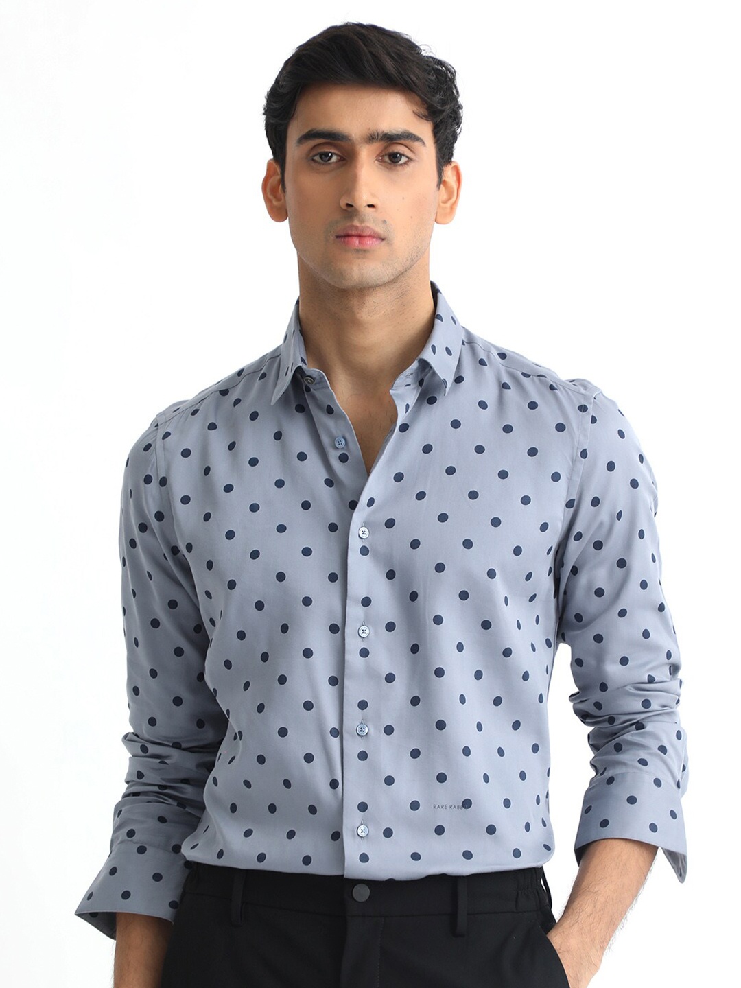 

RARE RABBIT Men Rish Slim Fit Opaque Printed Cotton Shirt, Blue