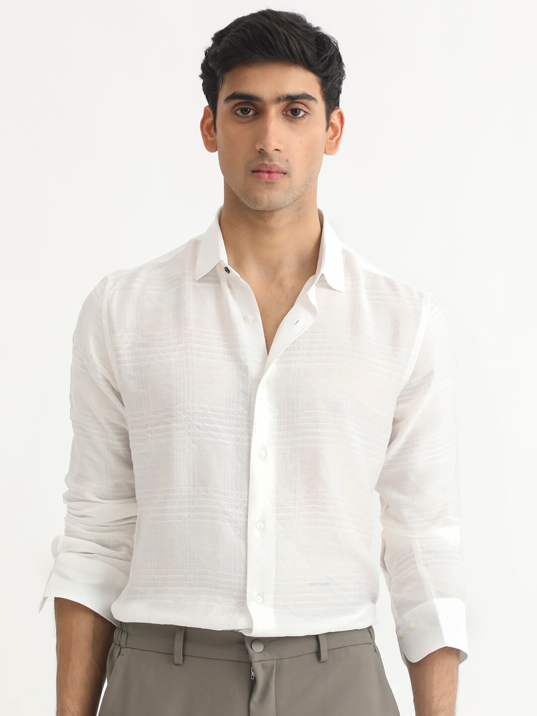 

RARE RABBIT Men Vagen Slim Fit Horizontal Striped Cotton Shirt, Off white