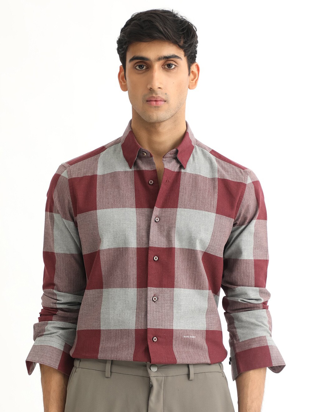 

RARE RABBIT Men Harter Slim Fit Windowpane Checked Cotton Shirt, Maroon