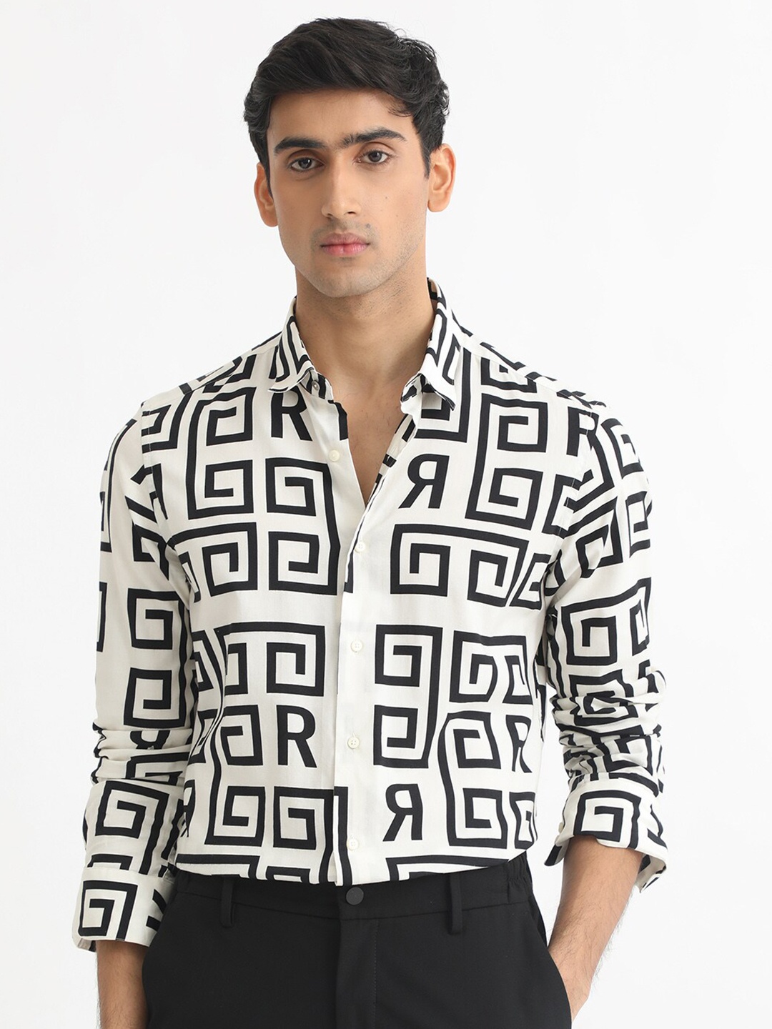 

RARE RABBIT Men Cruz Slim Fit Abstract Printed Cotton Shirt, Off white