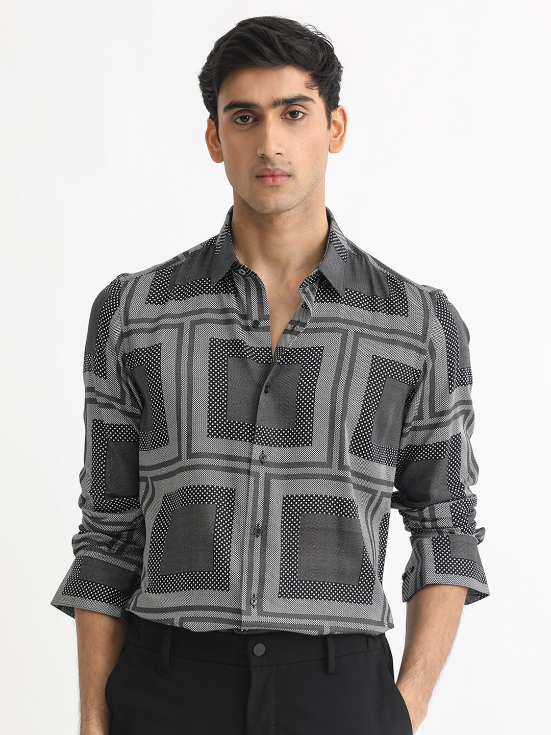 

RARE RABBIT Men Freme Slim Fit Geometric Printed Cotton Shirt, Black