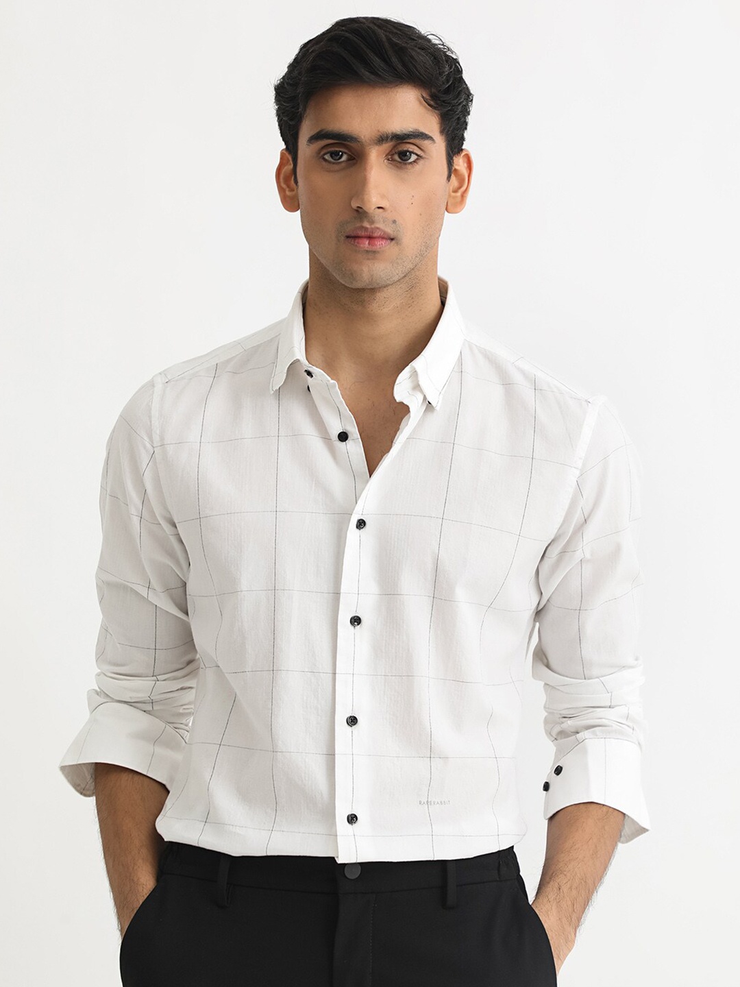 

RARE RABBIT Men Jenkin Slim Fit Windowpane Checked Cotton Shirt, White