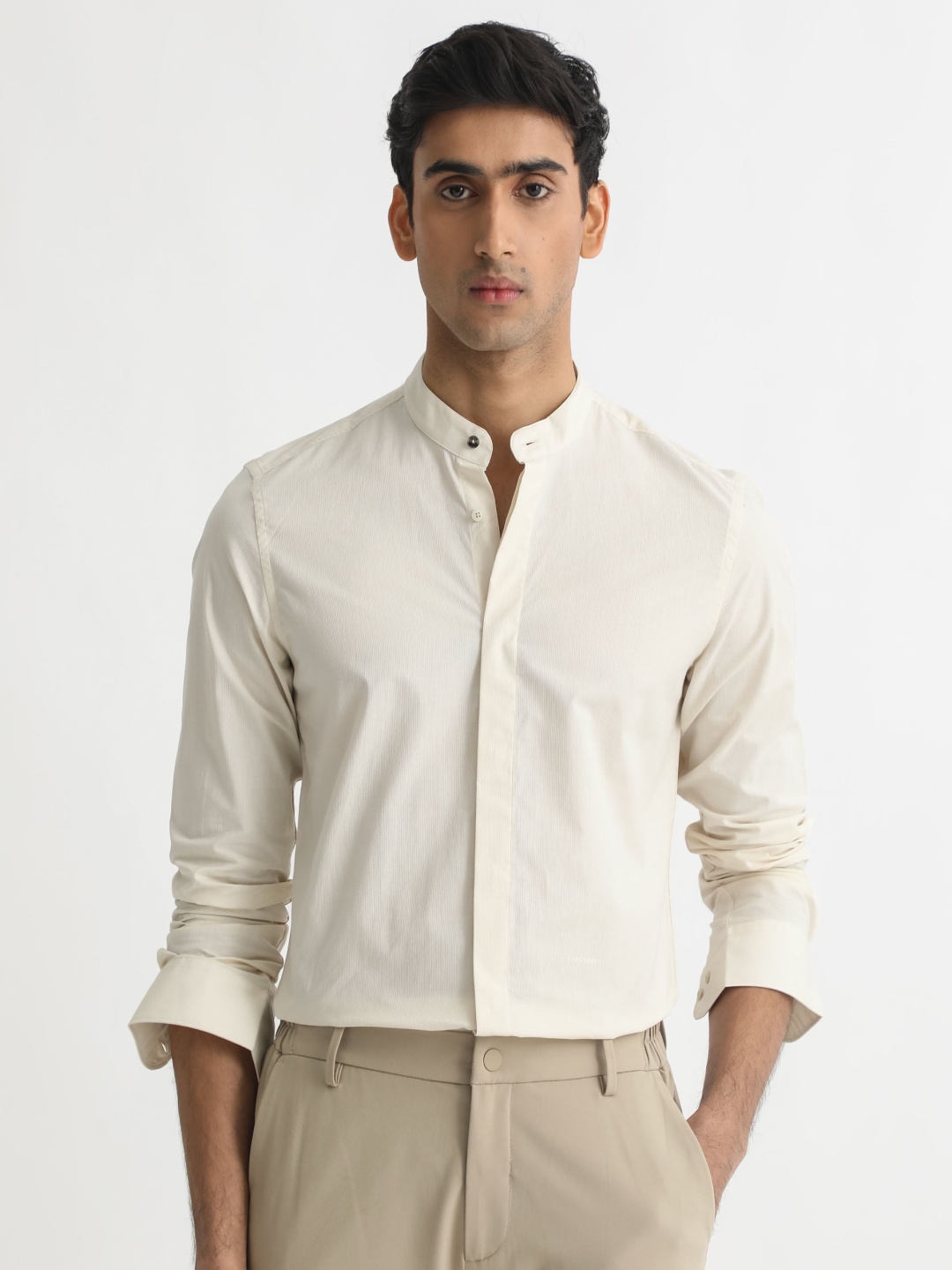 

RARE RABBIT Men Cadmi Slim Fit Mandarin Collar Cotton Shirt, Yellow