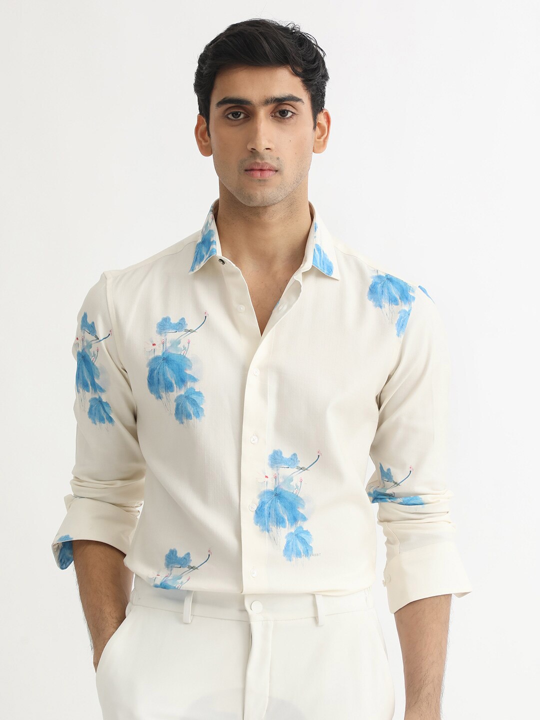 

RARE RABBIT Men Cazar Slim Fit Floral Printed Cotton Shirt, Off white