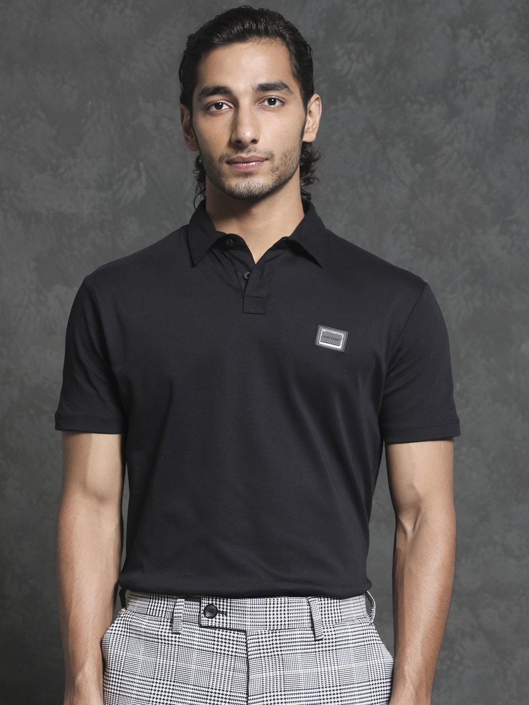 RARE RABBIT Men Badger-1 Polo Collar Slim Fit Cotton T-Shirt, Black