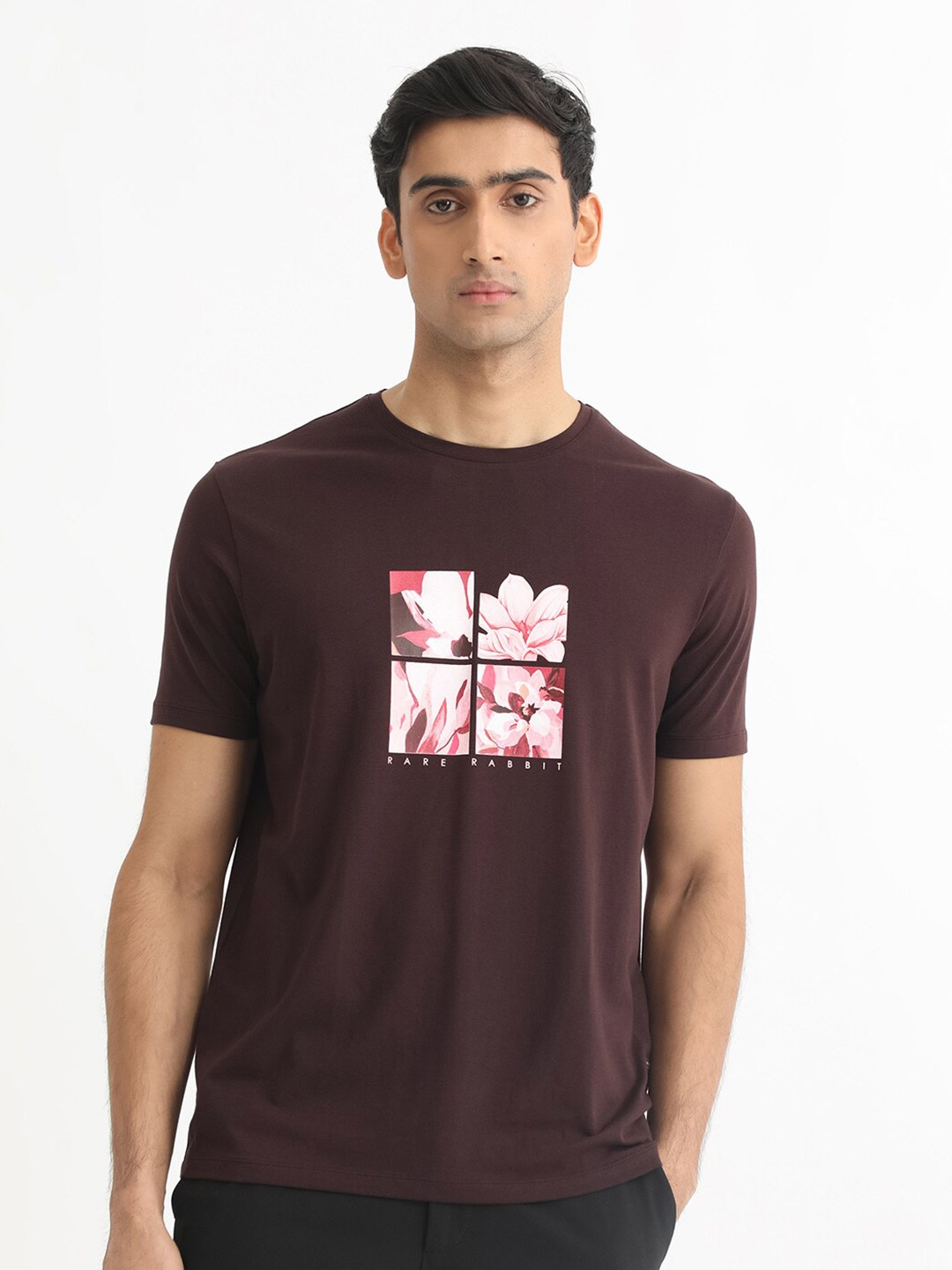 

RARE RABBIT Men Edis Floral Printed Round Neck Slim Fit Cotton T-Shirt, Maroon