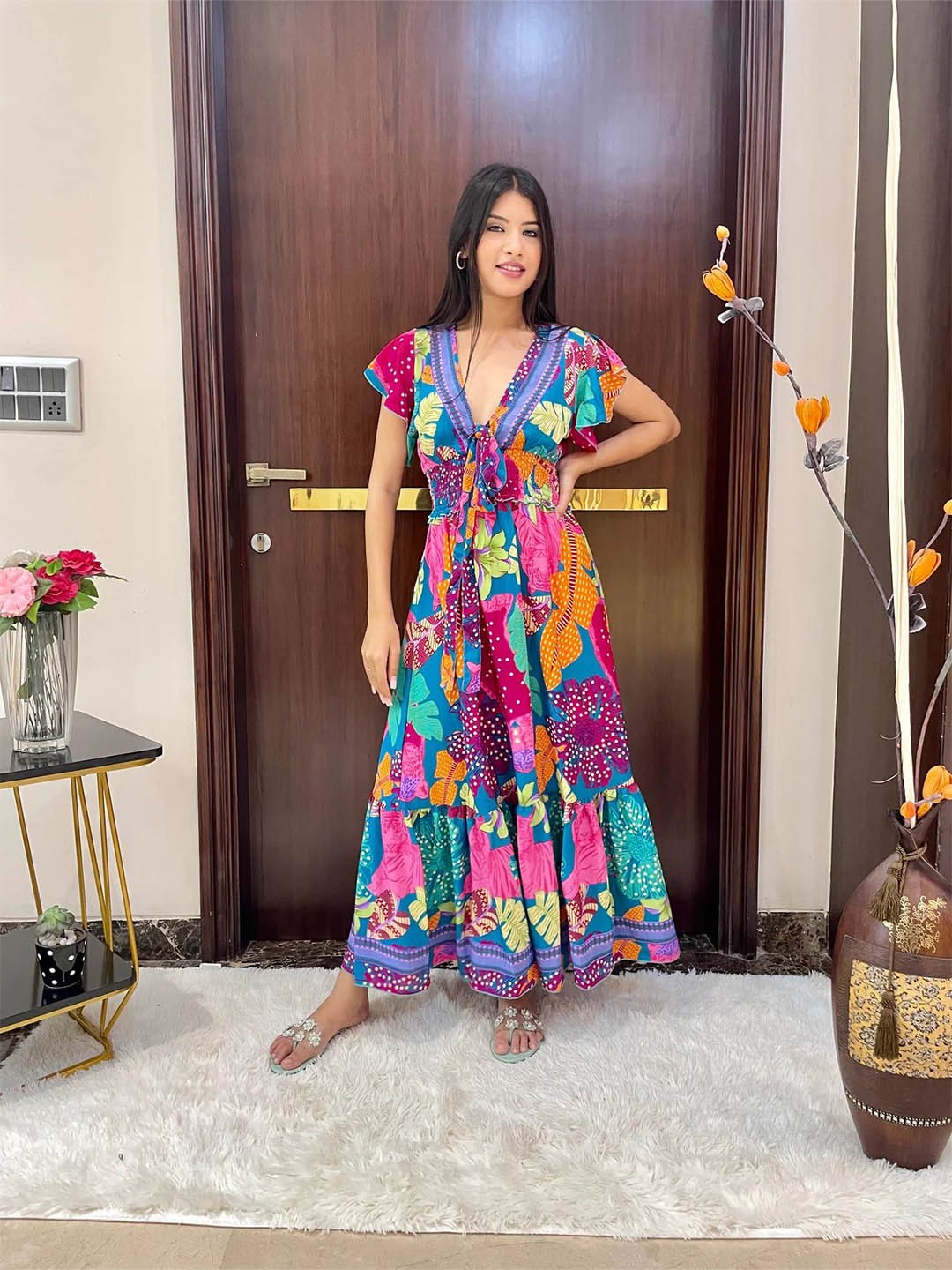 

smisingbee Floral Printed V-Neck Flutter Sleeve Smocked & Tie-Up Bohemian Maxi Dress, Blue