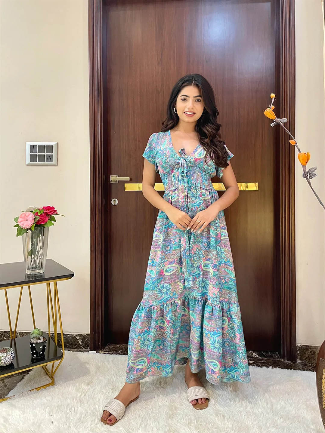 

smisingbee Paisley Printed V-Neck Flutter Sleeve Smocked & Tie-Up Bohemian Maxi Dress, Blue