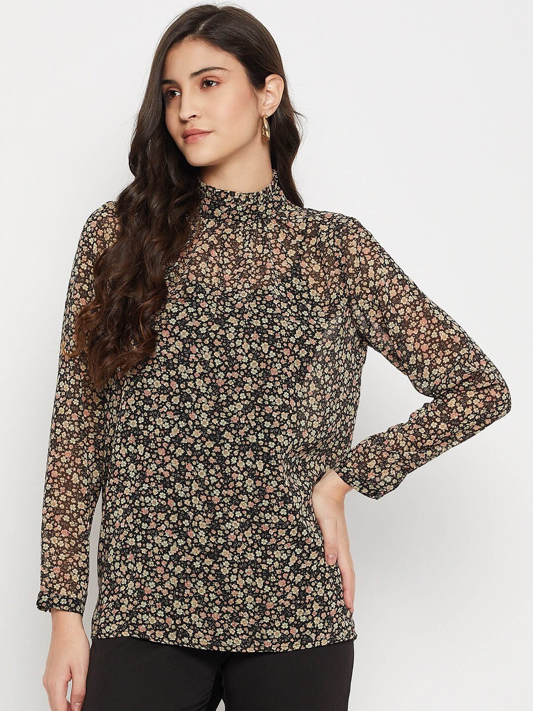 

STYLE BLUSH Floral Printed High Neck Top, Black
