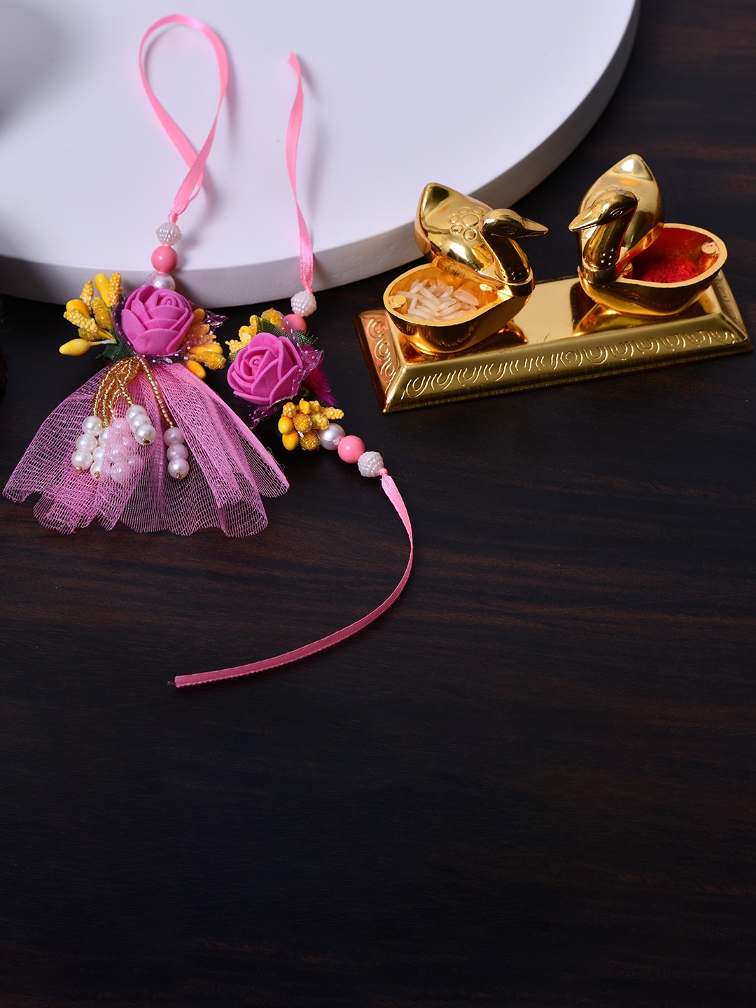 

Fashion Bizz Set of 2 Charm Beaded Rakhis Comes With Roli & Chawal, Pink