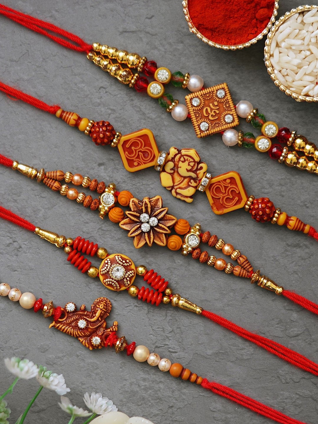 

Fashion Bizz Set of 5 Stone-Studded Rakhis, Red