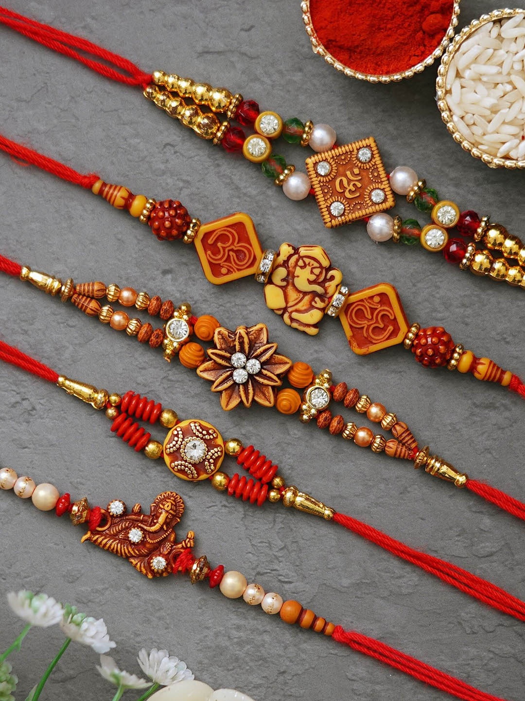 

Fashion Bizz Set of 5 Stone-Studded Rakhis Comes With Roli & Chawal, Red