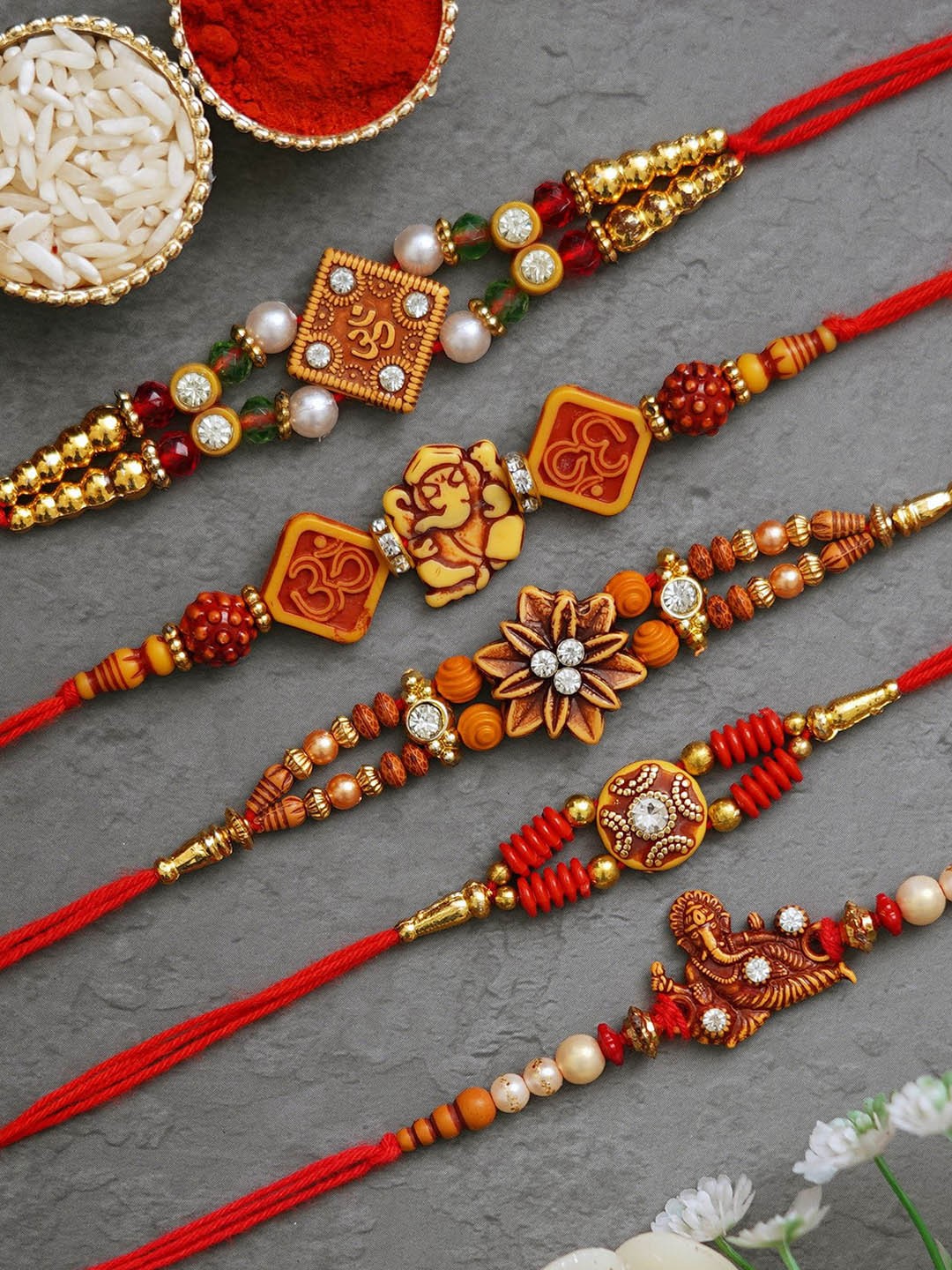 

Fashion Bizz Set of 5 Stone-Studded Rakhis Comes With Roli & Chawal, Red