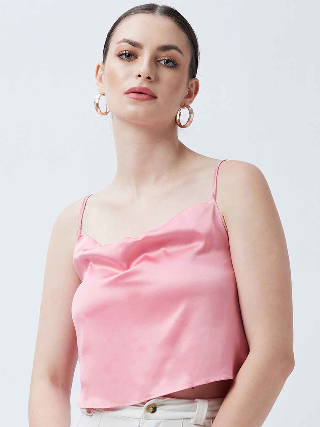 

COLOR CAPITAL Shoulder Straps Cowl Neck Satin Crop Top, Pink