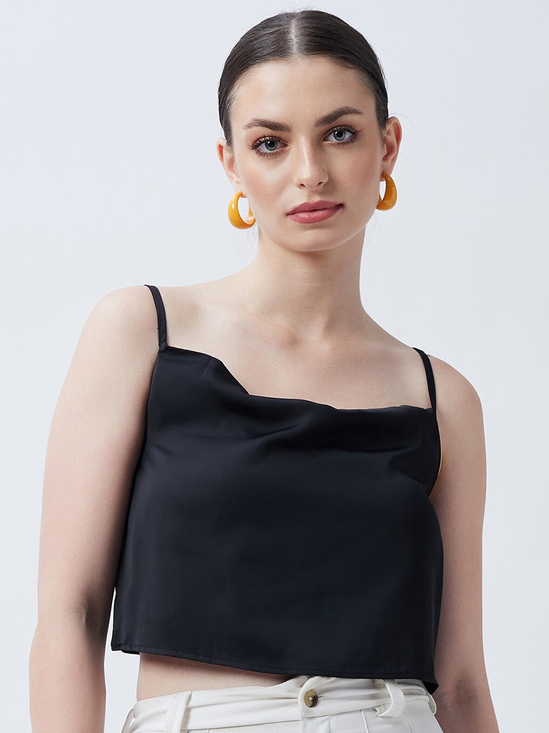 

COLOR CAPITAL Shoulder Straps Cowl Neck Satin Crop Top, Black