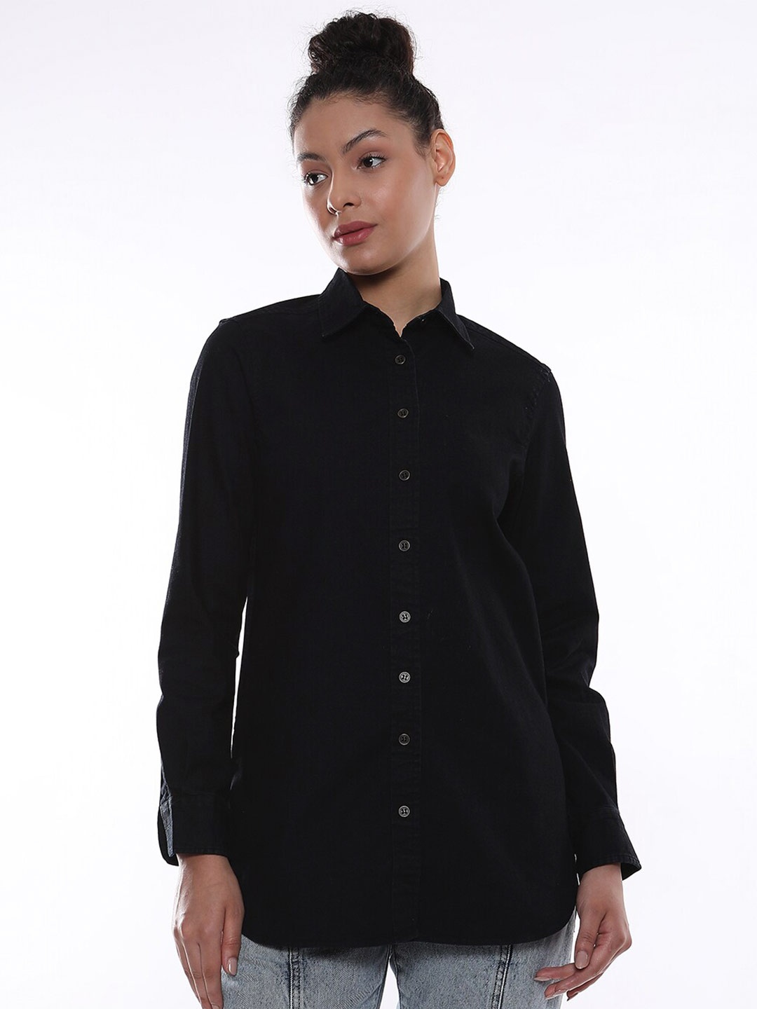 

Gazillion Contemporary Spread Collar Long Sleeve Denim Casual Shirt, Black