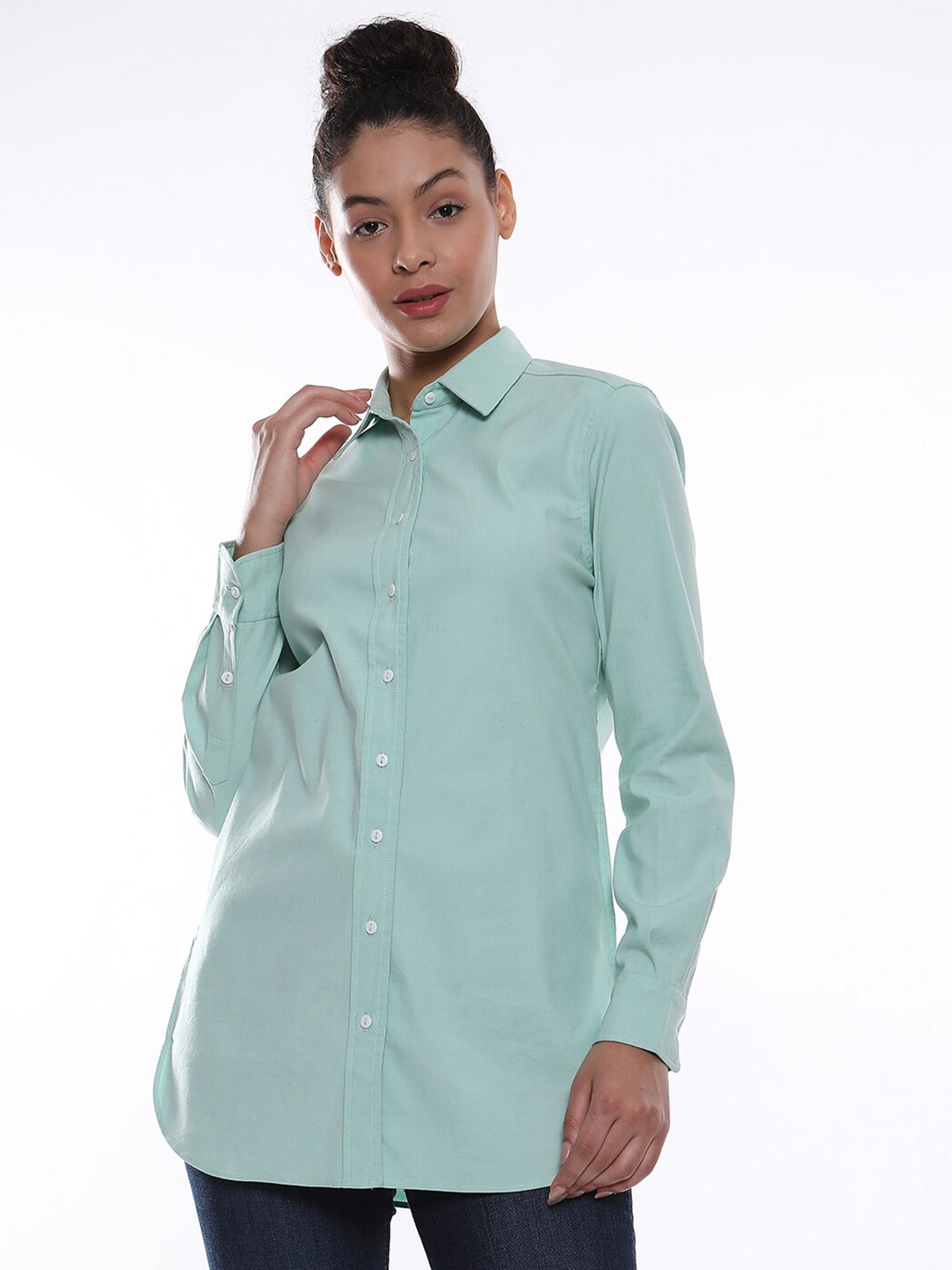 

Gazillion Contemporary Spread Collar Long Sleeve Denim Casual Shirt, Green