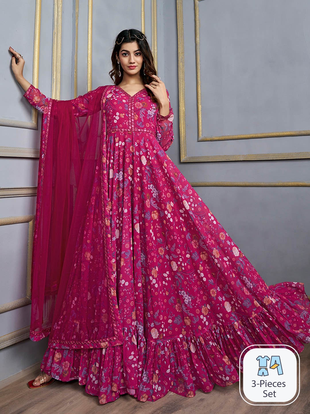 Inddus Pink Floral Printed V-Neck Sequinned Anarkali Kurta With Dupatta