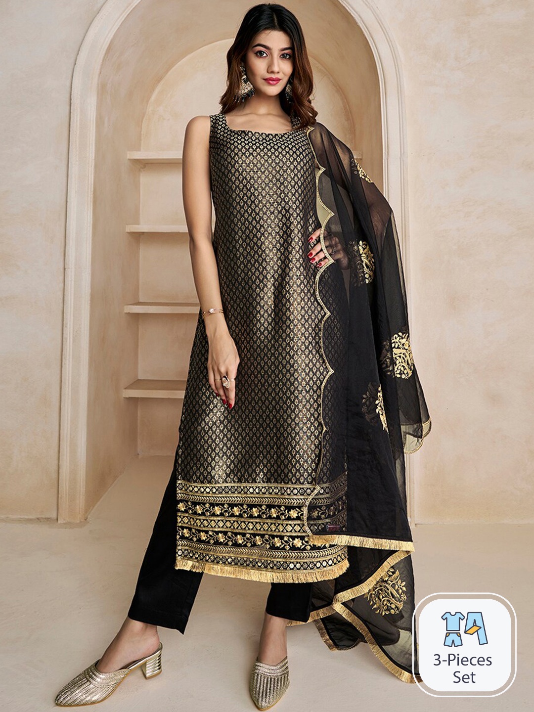 

Inddus Black Woven Design Thread Work & Zari Straight Kurta & Trousers With Dupatta