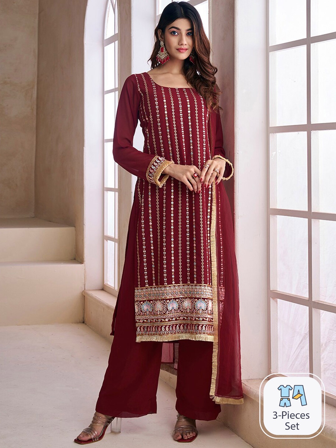 

Inddus Floral Embroidered Thread Work Kurta With Palazzos & Dupatta, Maroon