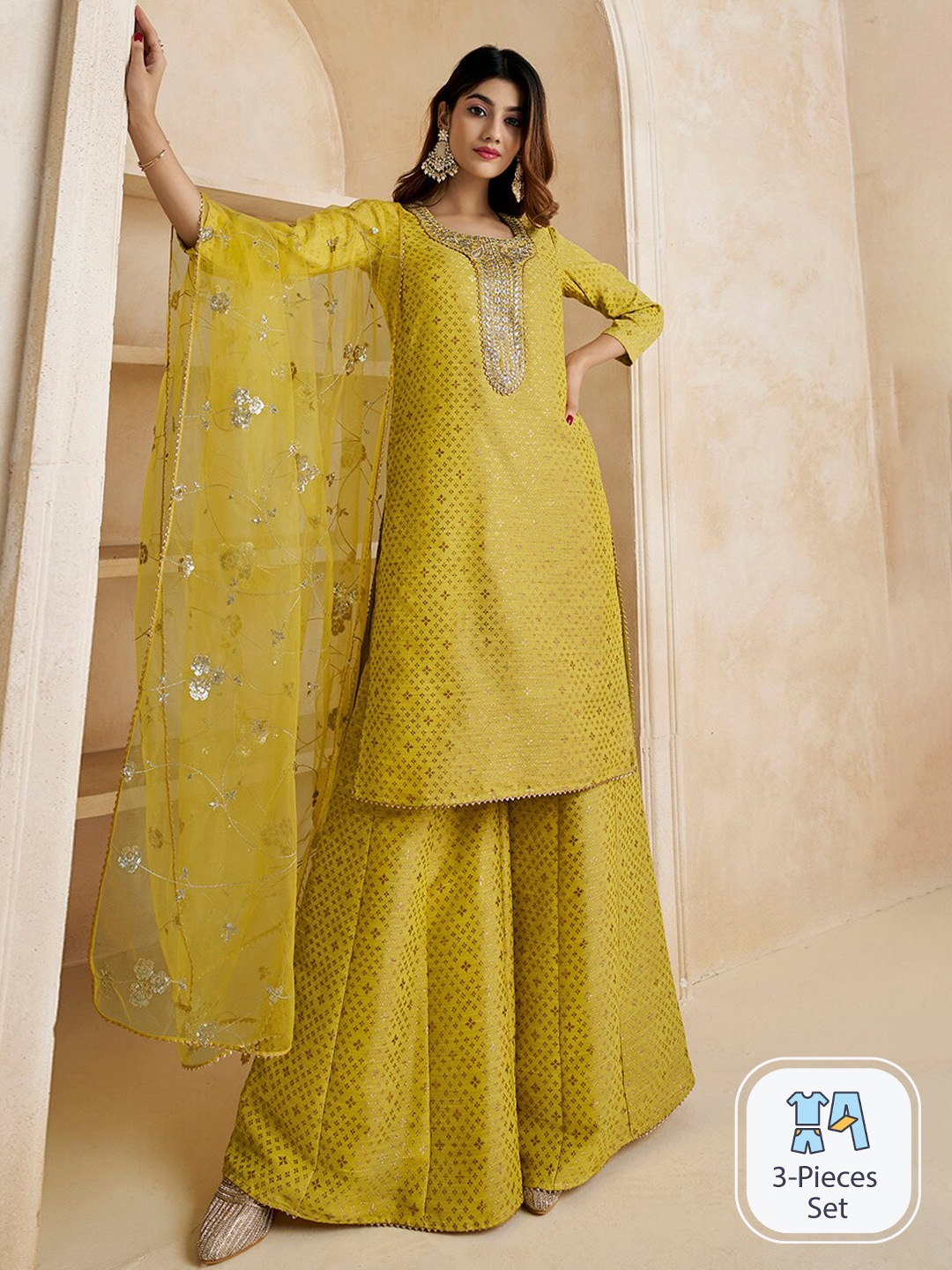 

Inddus Mustard Gotta Patti Straight Kurta & Sharara With Dupatta