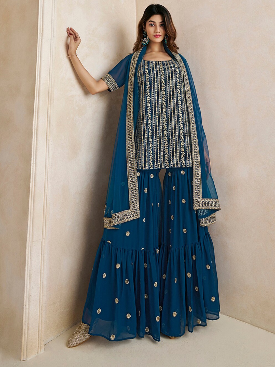 

Inddus Floral Embroidered Thread Work Kurta With Sharara & Dupatta, Teal