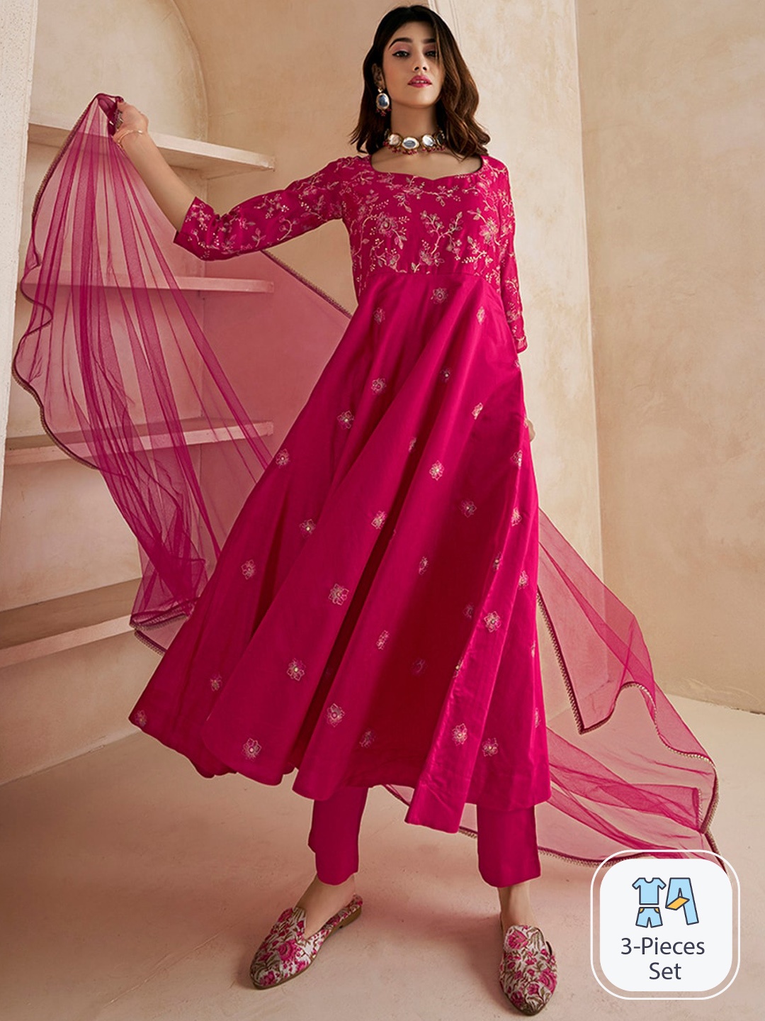 

Inddus Magenta Floral Embroidered Anarkali Kurta & Trousers & With Dupatta