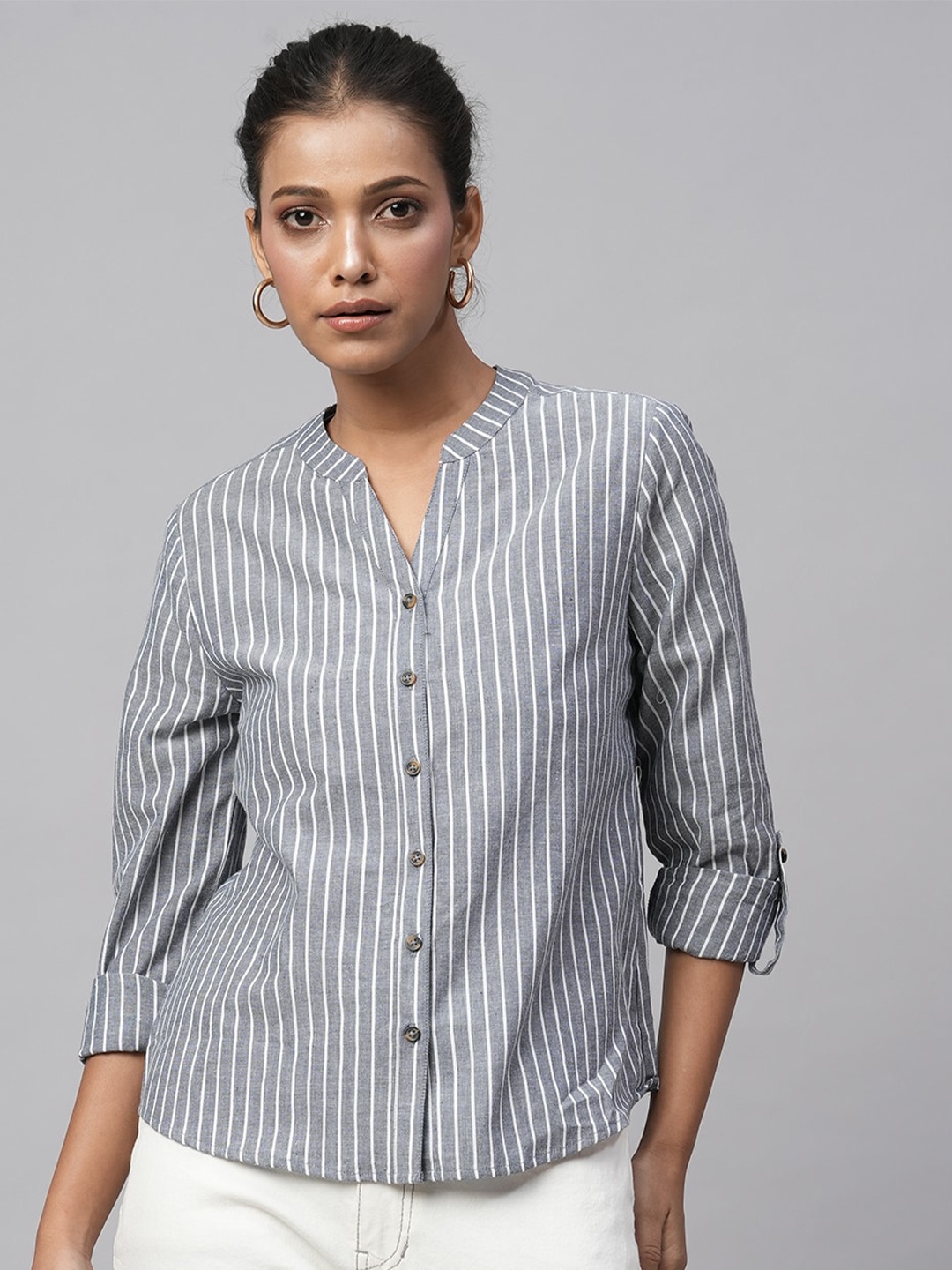 

Chemistry Striped Mandarin Collar Roll-Up Sleeves Shirt Style Top, Grey