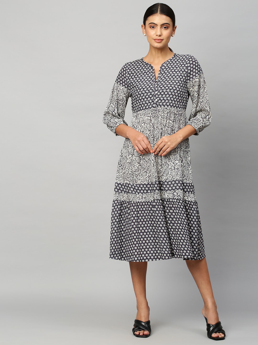 

Chemistry Ethnic Motifs Printed Puff Sleeves A-Line Midi Dress, Charcoal