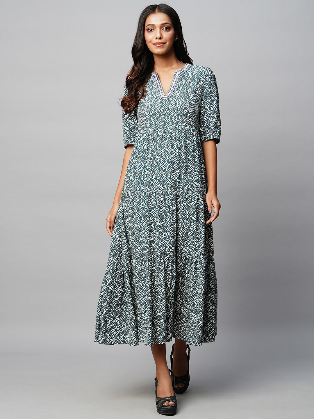 

Chemistry Denim Conversational Printed Mandarin Collar A-Line Midi Dress, Teal