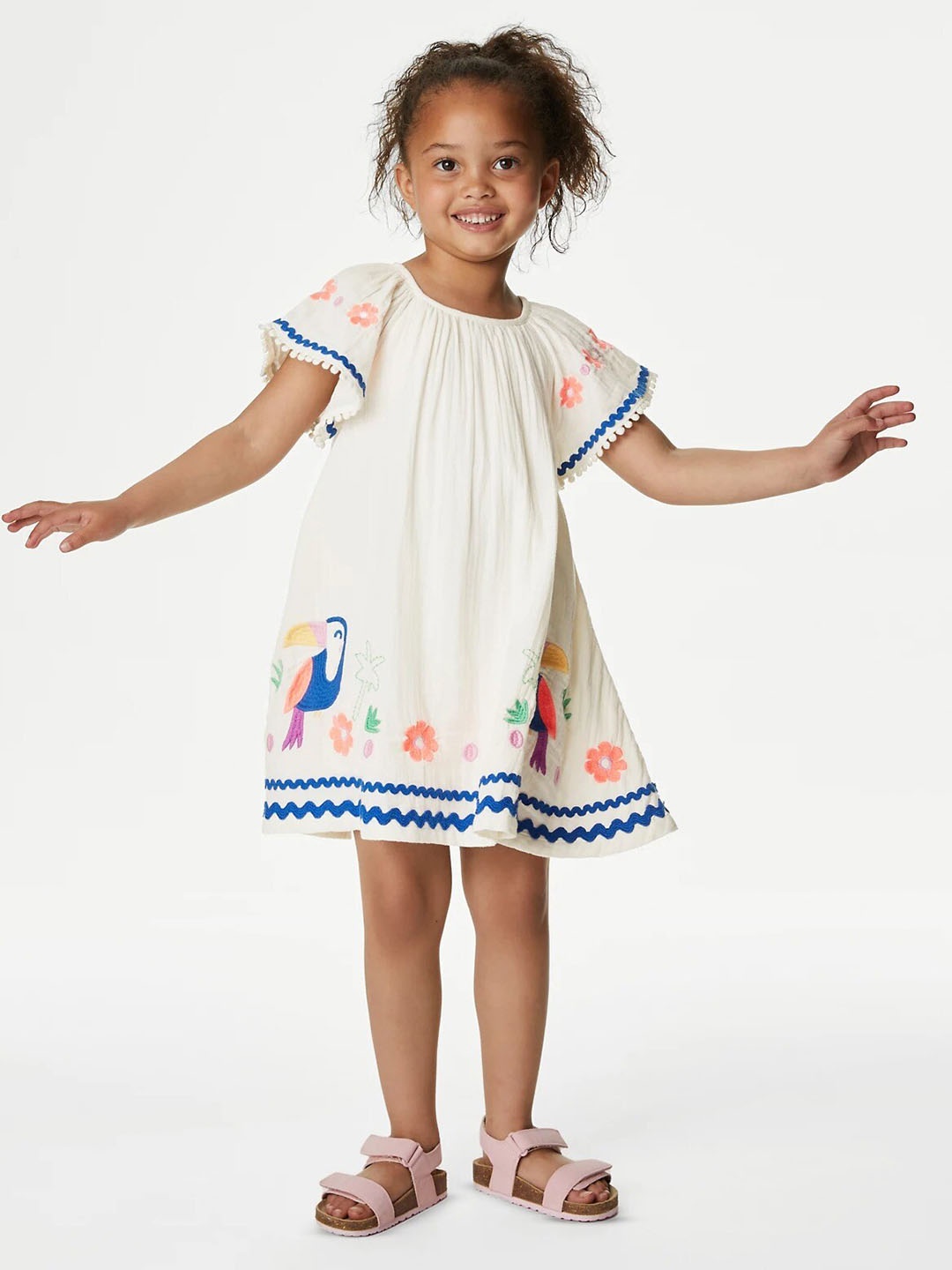 

Marks & Spencer Girls Floral Printed Flutter Sleeve Gathered Pure Cotton A-Line Dress, Off white