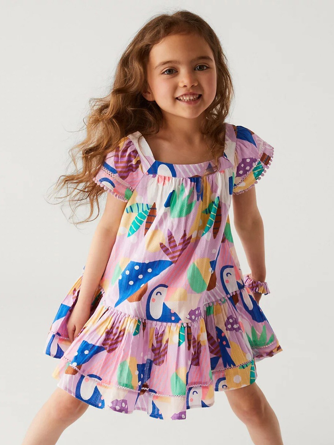 

Marks & Spencer Girls Printed Flutter Sleeve Pure Cotton A-Line Dress With Scrunchy, Pink