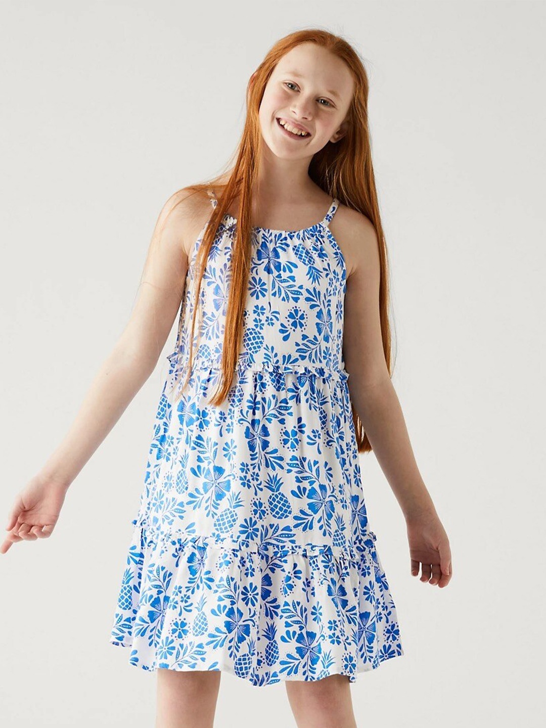 

Marks & Spencer Girls Floral Printed Ruffled Flounce Fit & Flare Dress, Blue